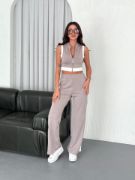 Osy Modal Yumuşak Dokulu Kumaş Tam Fermuarlı Crop Pantalon İkili Takım - Gri resmi